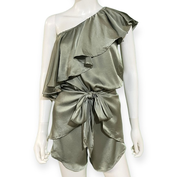 Tru Blu Wrap Star One Shoulder Ruffle Shiny  Olive Green Romper in XS - Picture 4 of 9